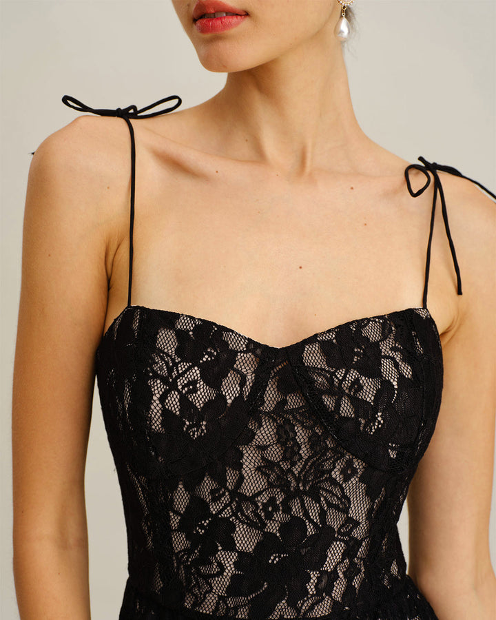 Black Sweetheart Neck A-Line Slip Midi Dress