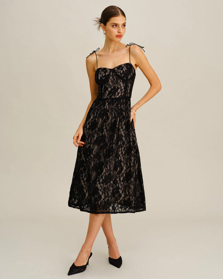 Black Sweetheart Neck A-Line Slip Midi Dress