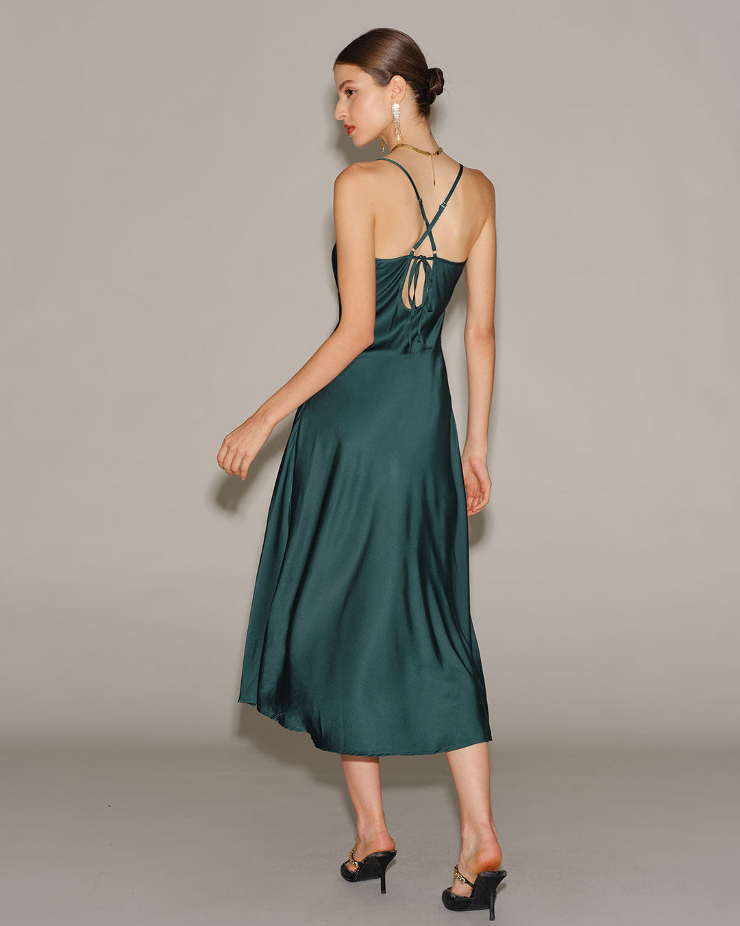 Green Satin Cowl Neck Slip Midi Dress