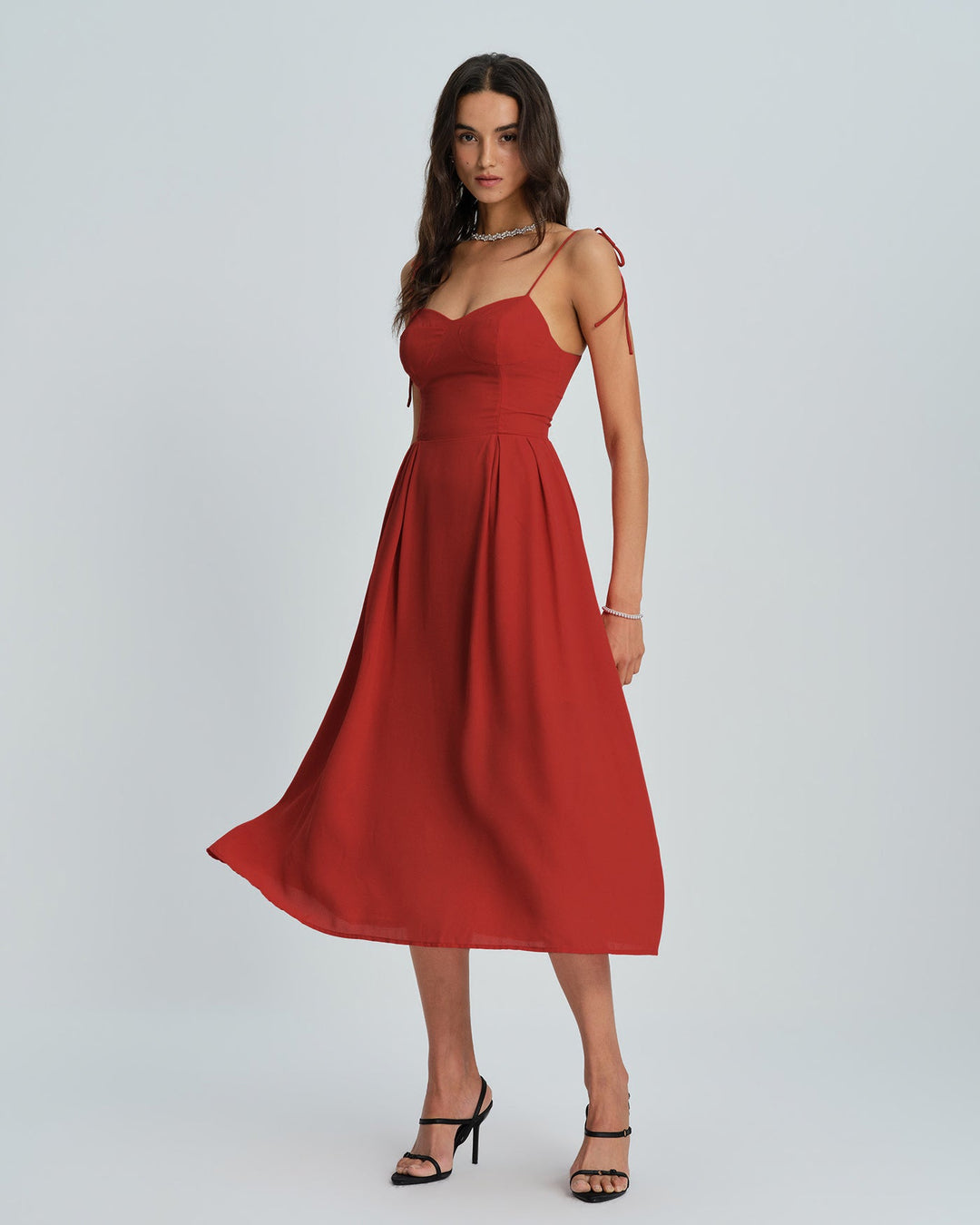 Red Sweetheart Neck Slip Midi Dress