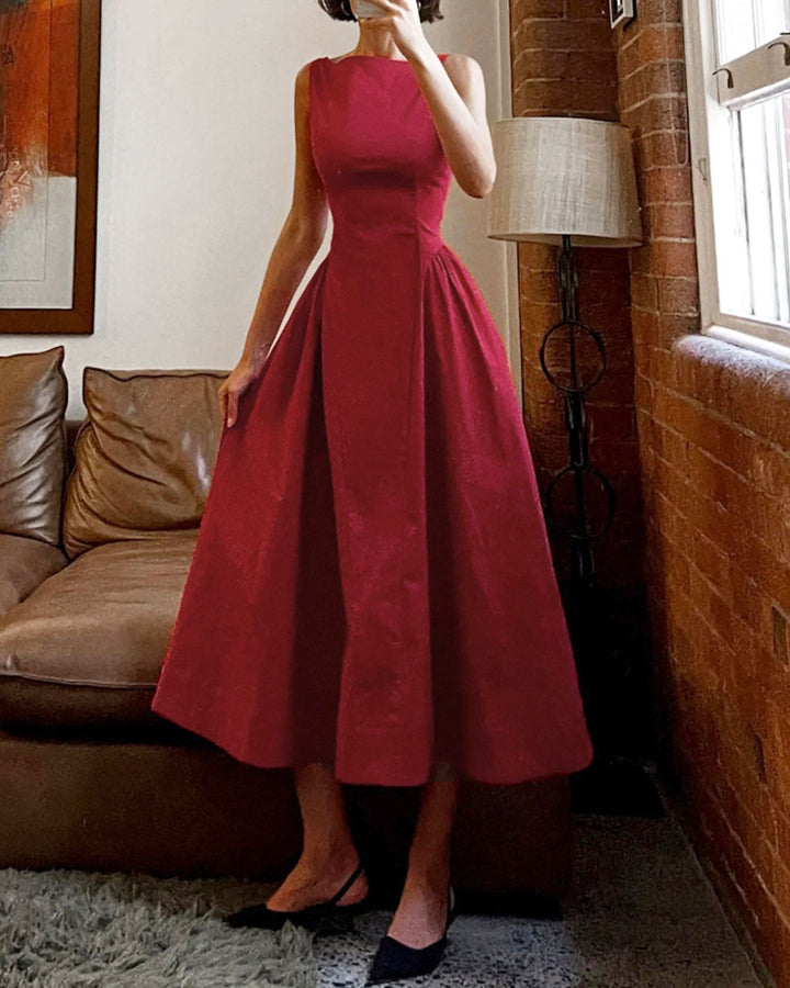 Red Boat Neck Sleeveless Midi Dress