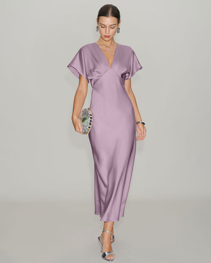 Pink Satin Cowl Sleeve Midi Dress