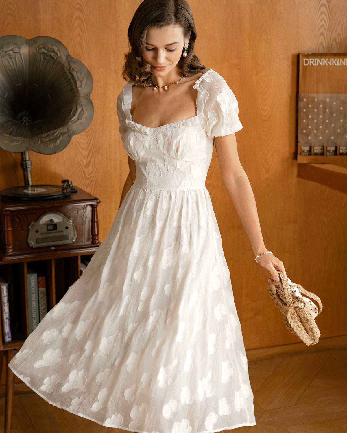 Beige Square Neck Puffed Sleeve Midi Dress