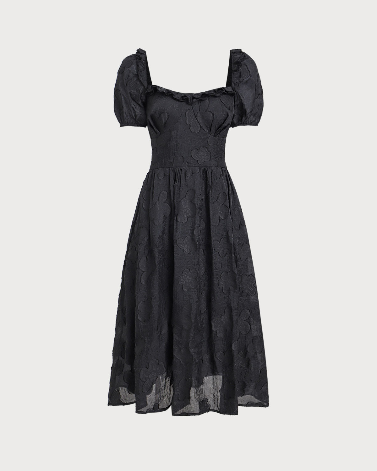 Black Square Neck Puffed Sleeve Midi Dress