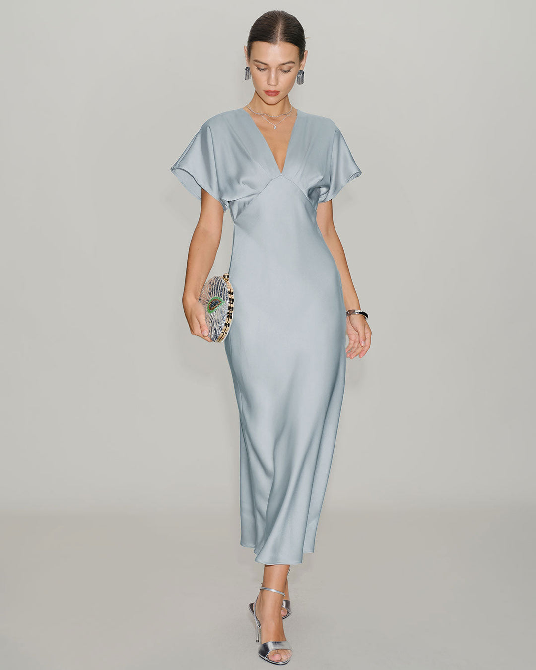 Blue Satin Cowl Sleeve Midi Dress