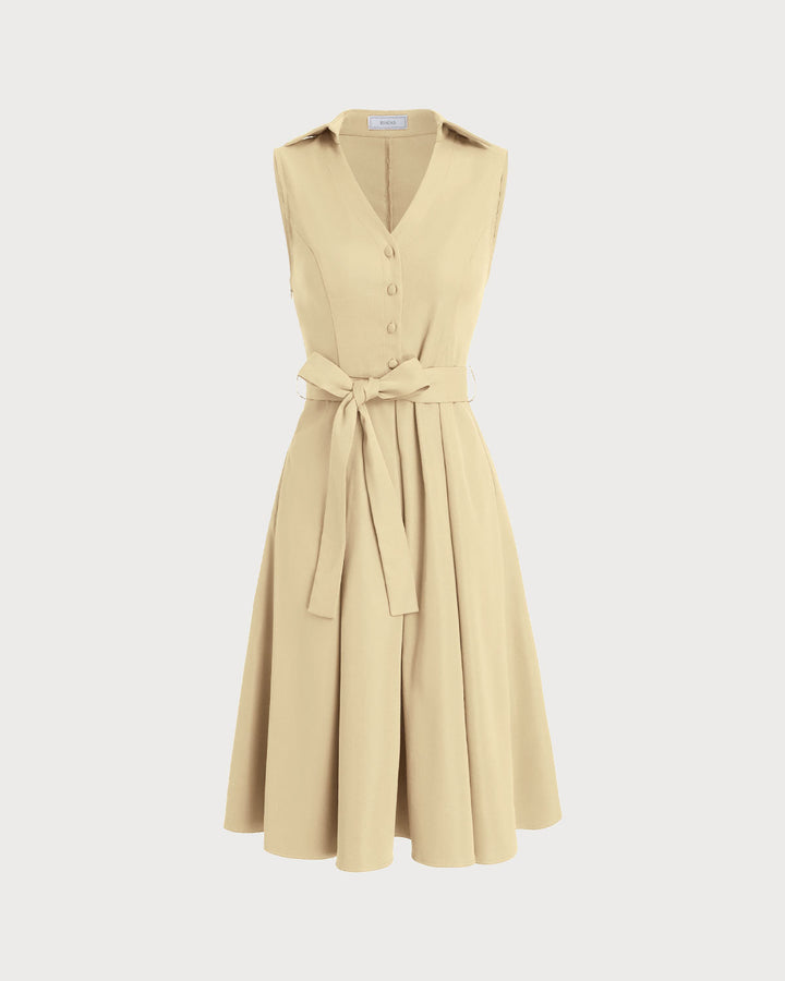 Apricot Button Sleeveless Midi Dress