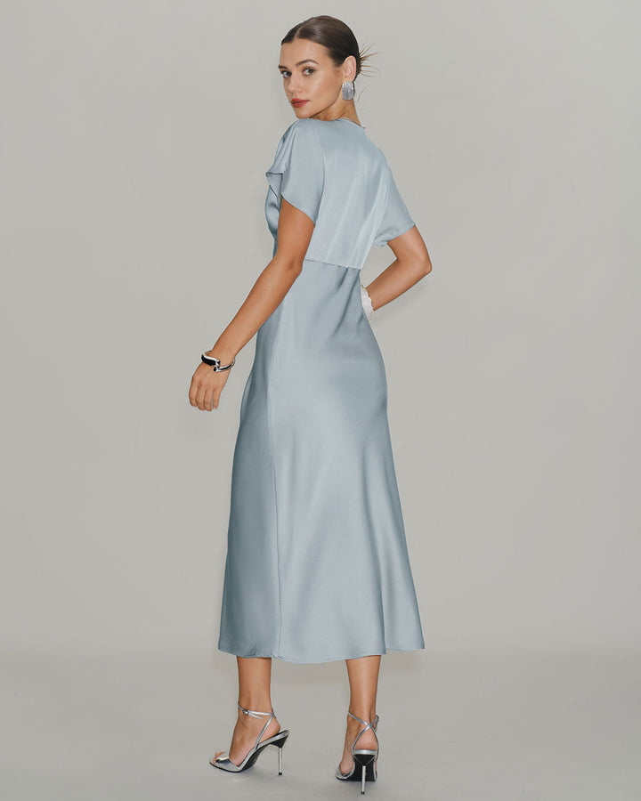 Blue Satin Cowl Sleeve Midi Dress