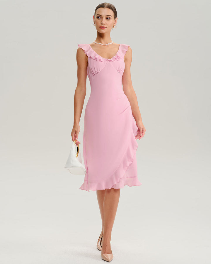 Pink V Neck Ruffle Sleeveless Midi Dress
