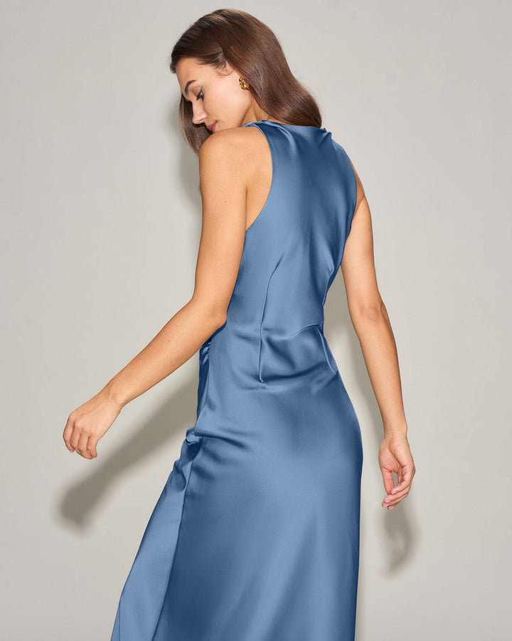 Blue Satin Boat Neck Slip Midi Dress