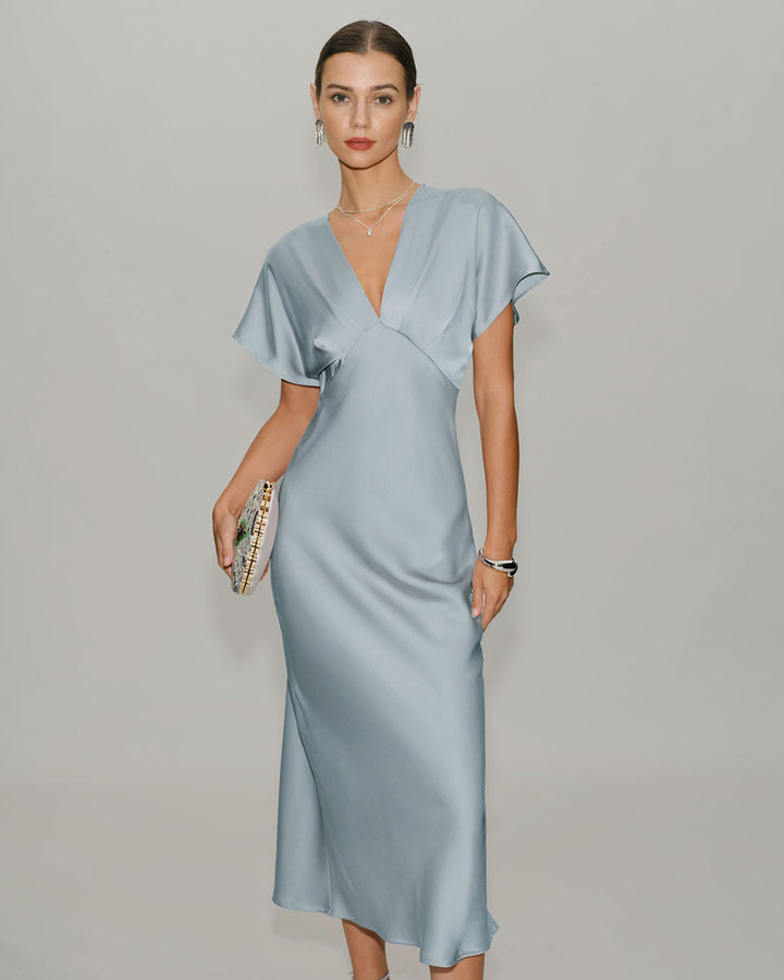 Blue Satin Cowl Sleeve Midi Dress