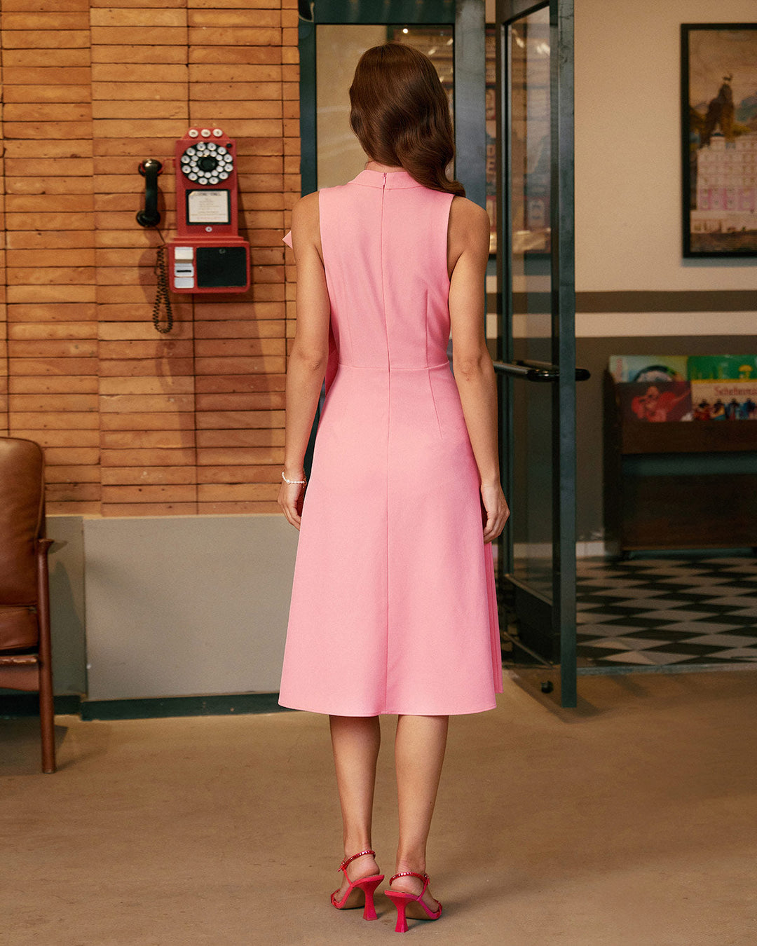 Pink Turtleneck Bowknot Satin Midi Dress