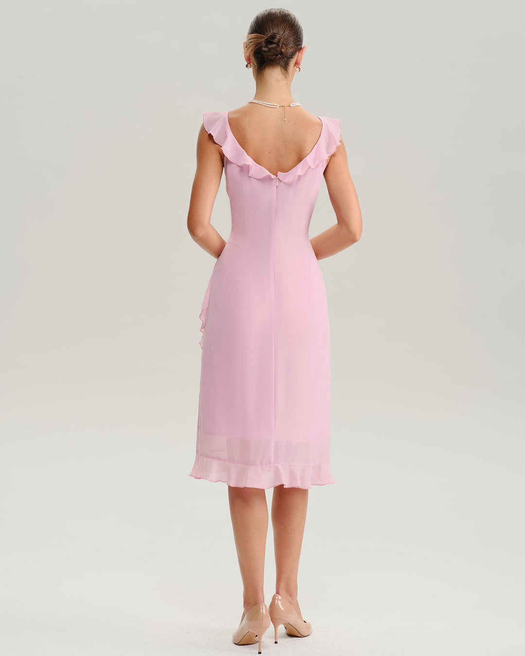 Pink V Neck Ruffle Sleeveless Midi Dress