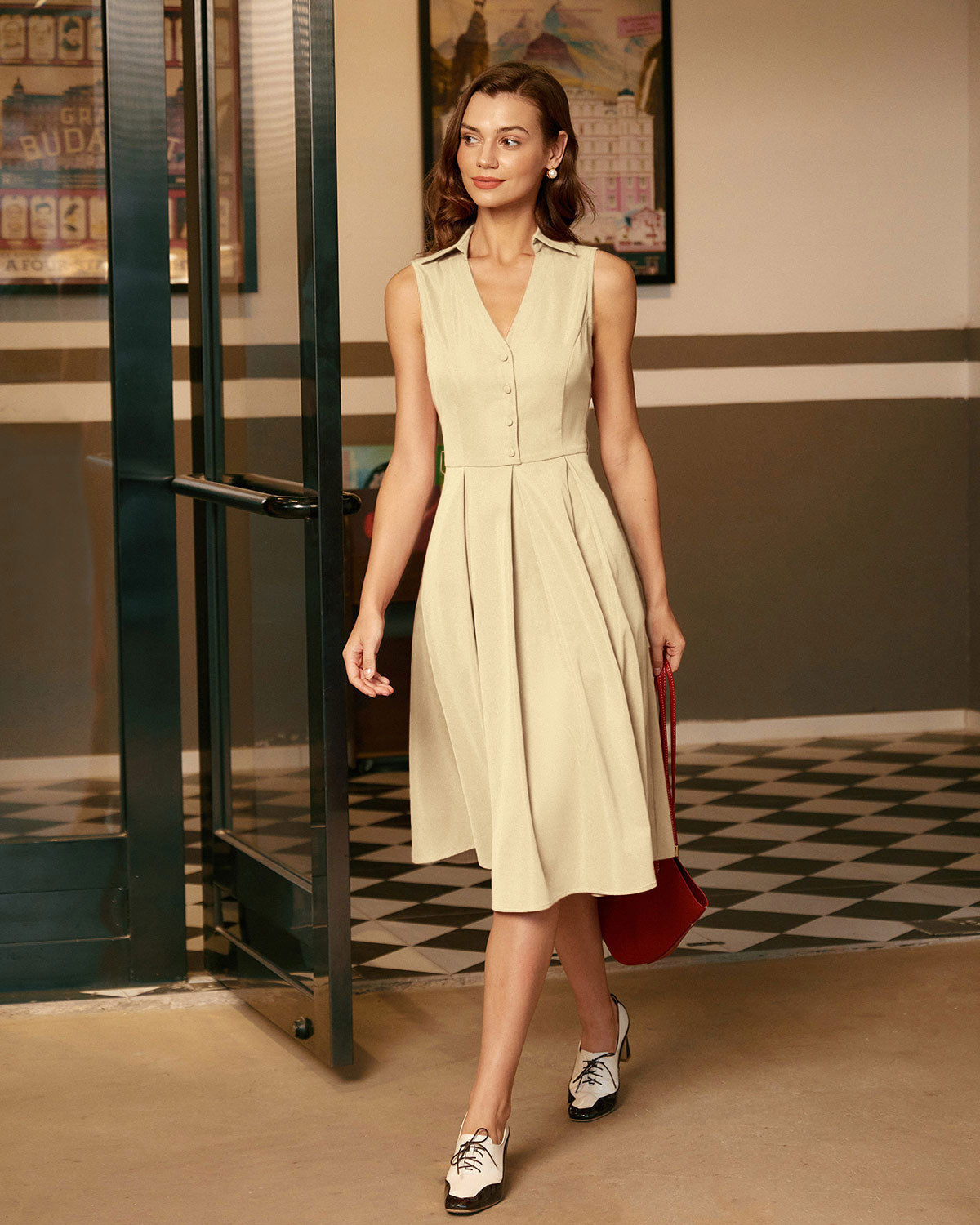 Apricot Button Sleeveless Midi Dress
