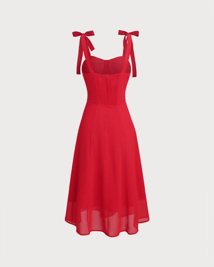 Red Sweetheart Neck Tie Strap Midi Dress