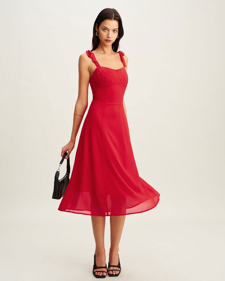 Red Sweetheart Neck Tie Strap Midi Dress