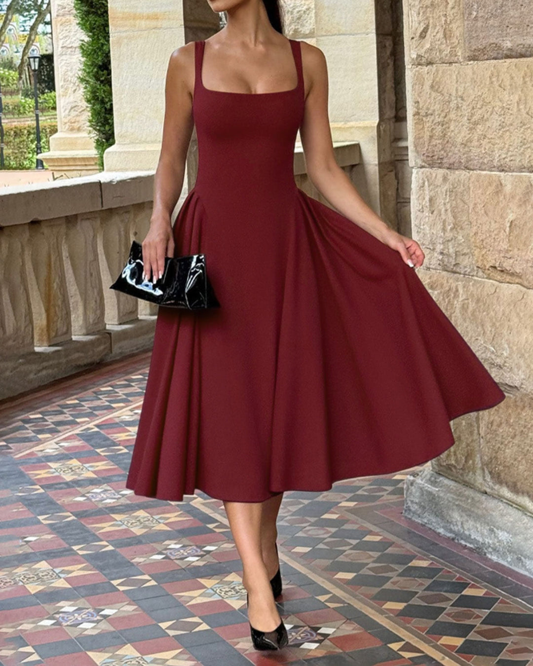 Red Square Neck A-Line Slip Midi Dress