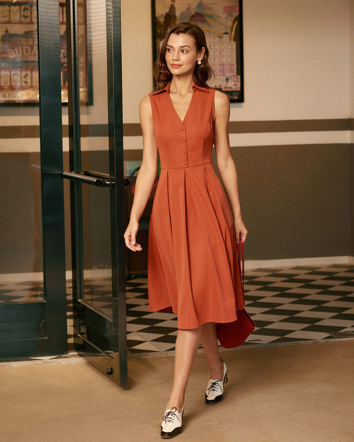 Red Button Sleeveless Midi Dress