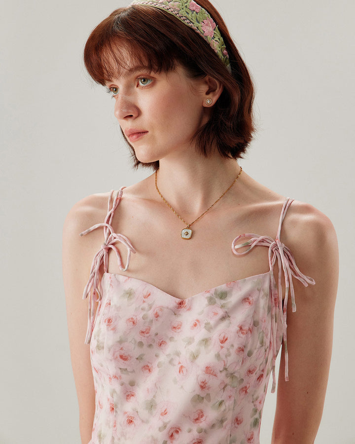 Pink Floral Shirred Slip Midi Dress