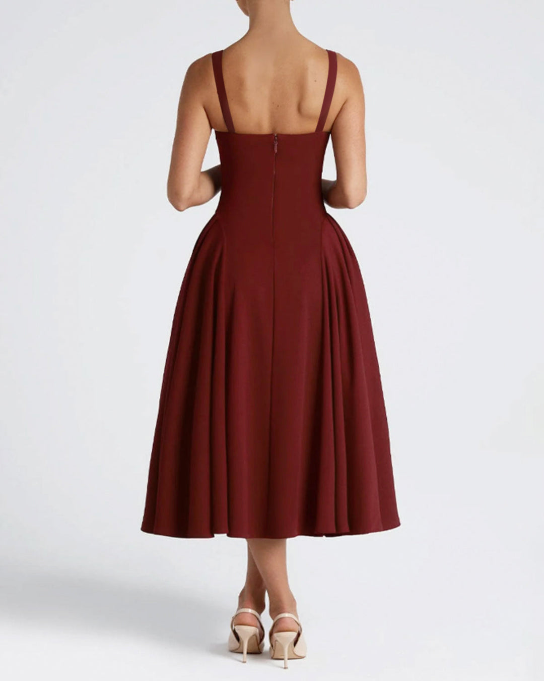 Red Square Neck A-Line Slip Midi Dress