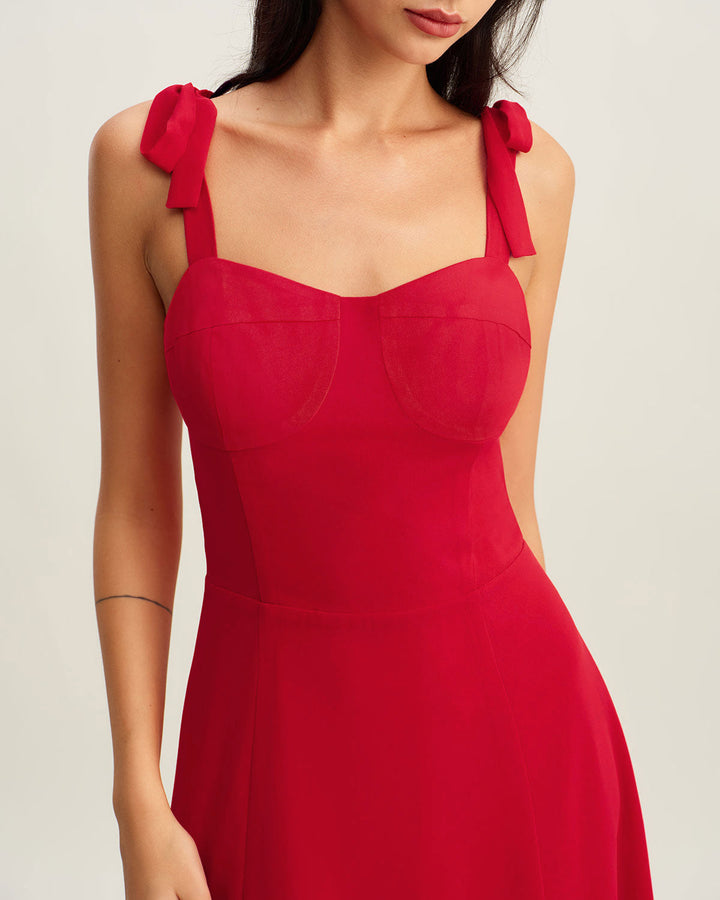 Red Sweetheart Neck Tie Strap Midi Dress