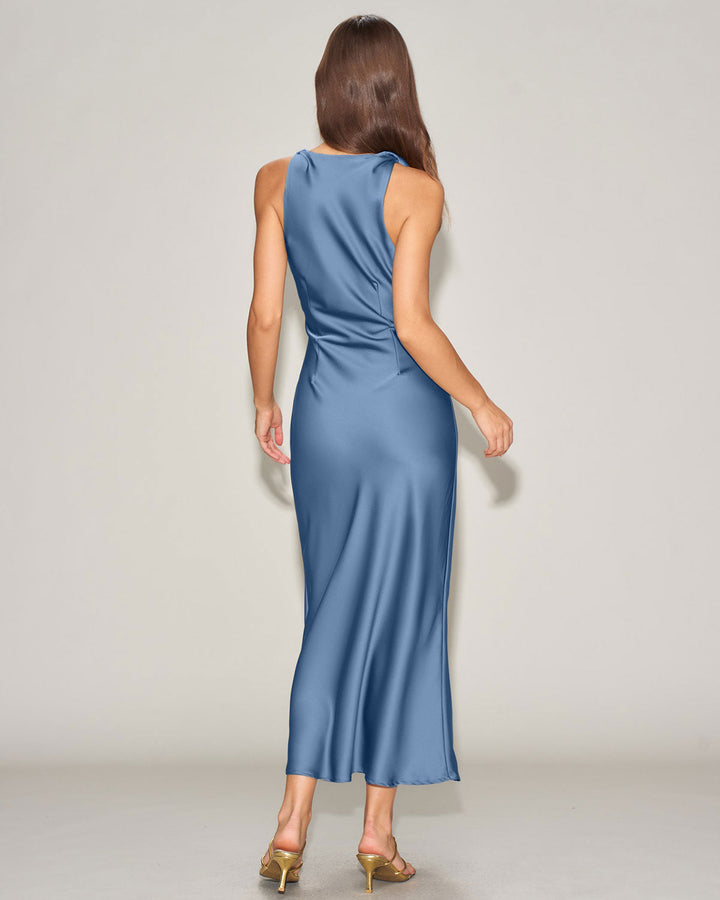 Blue Satin Boat Neck Slip Midi Dress