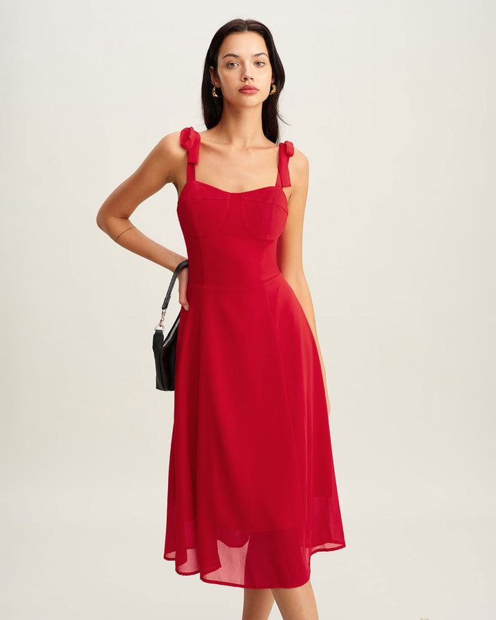 Red Sweetheart Neck Tie Strap Midi Dress