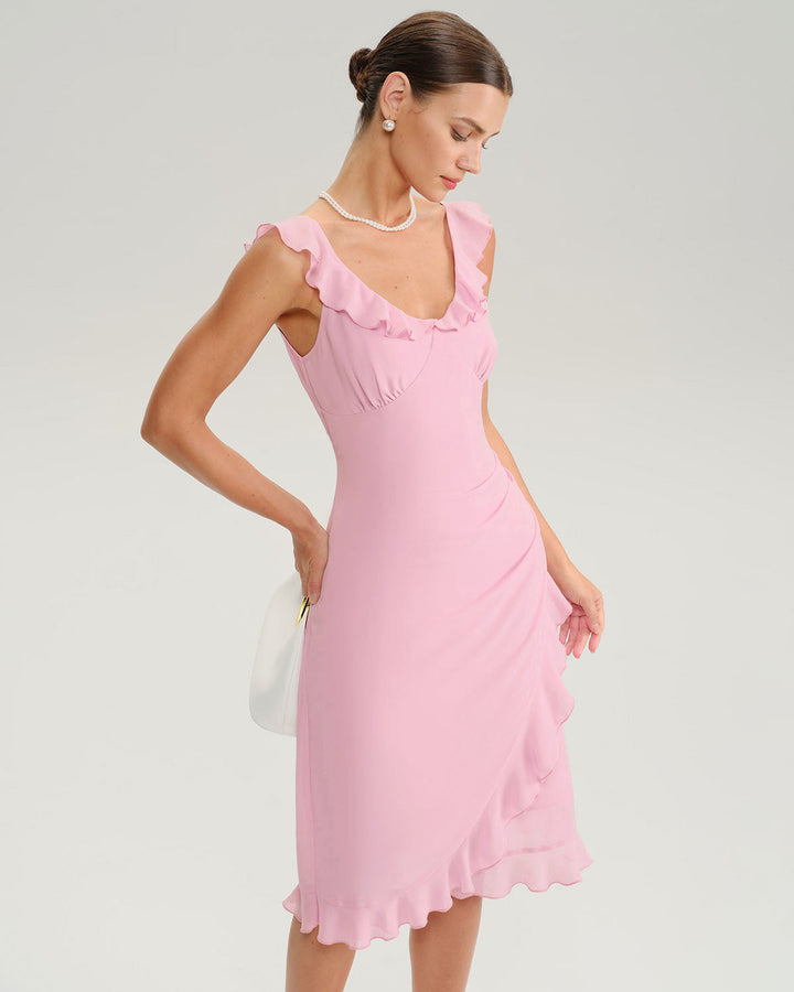 Pink V Neck Ruffle Sleeveless Midi Dress