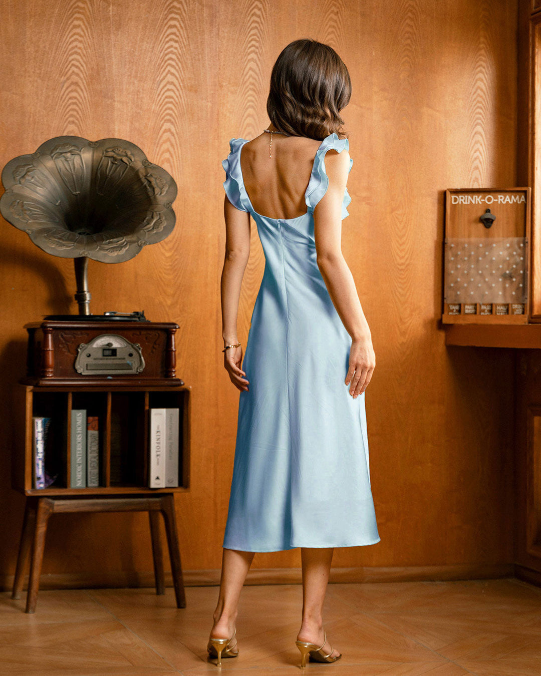 Blue Square Neck Ruffle Satin Midi Dress