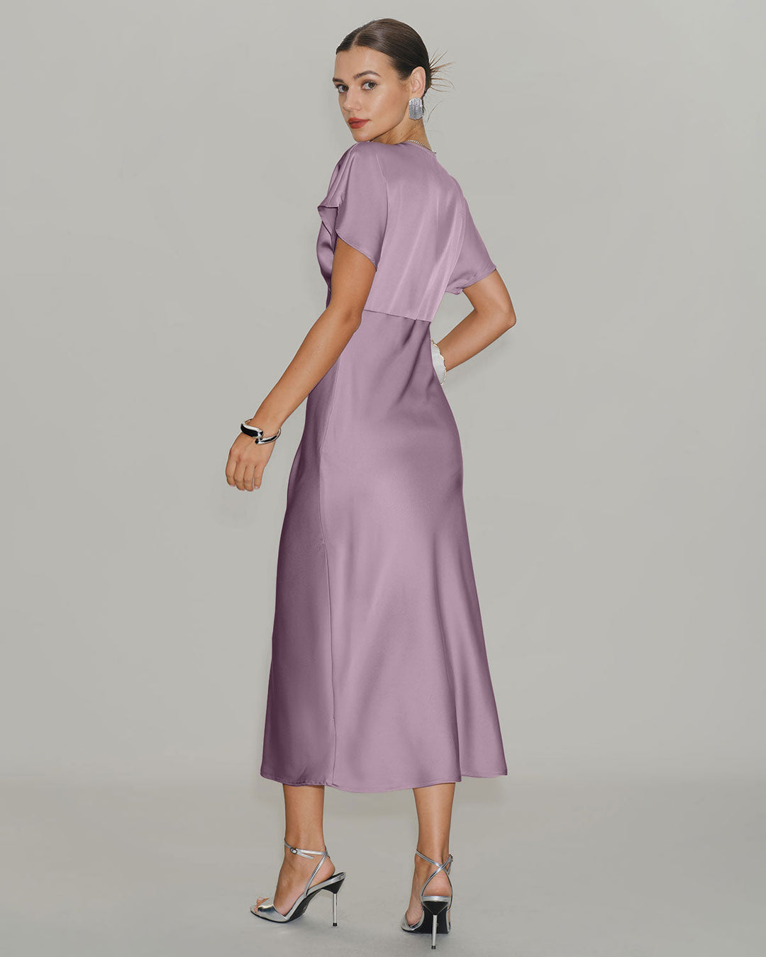 Pink Satin Cowl Sleeve Midi Dress