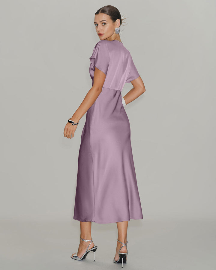 Pink Satin Cowl Sleeve Midi Dress