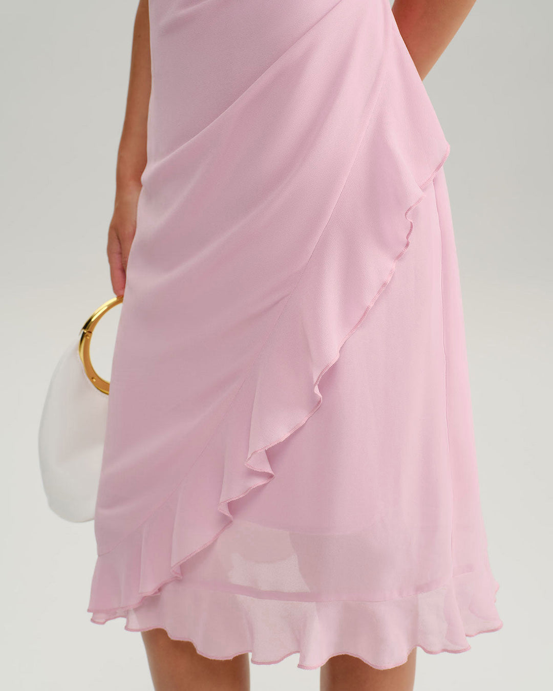 Pink V Neck Ruffle Sleeveless Midi Dress