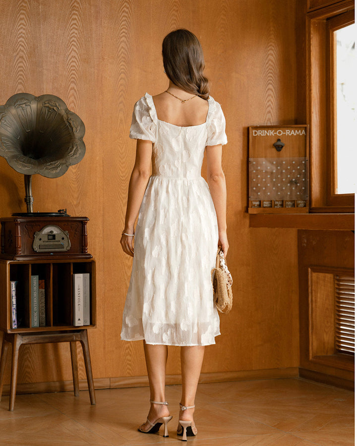 Beige Square Neck Puffed Sleeve Midi Dress