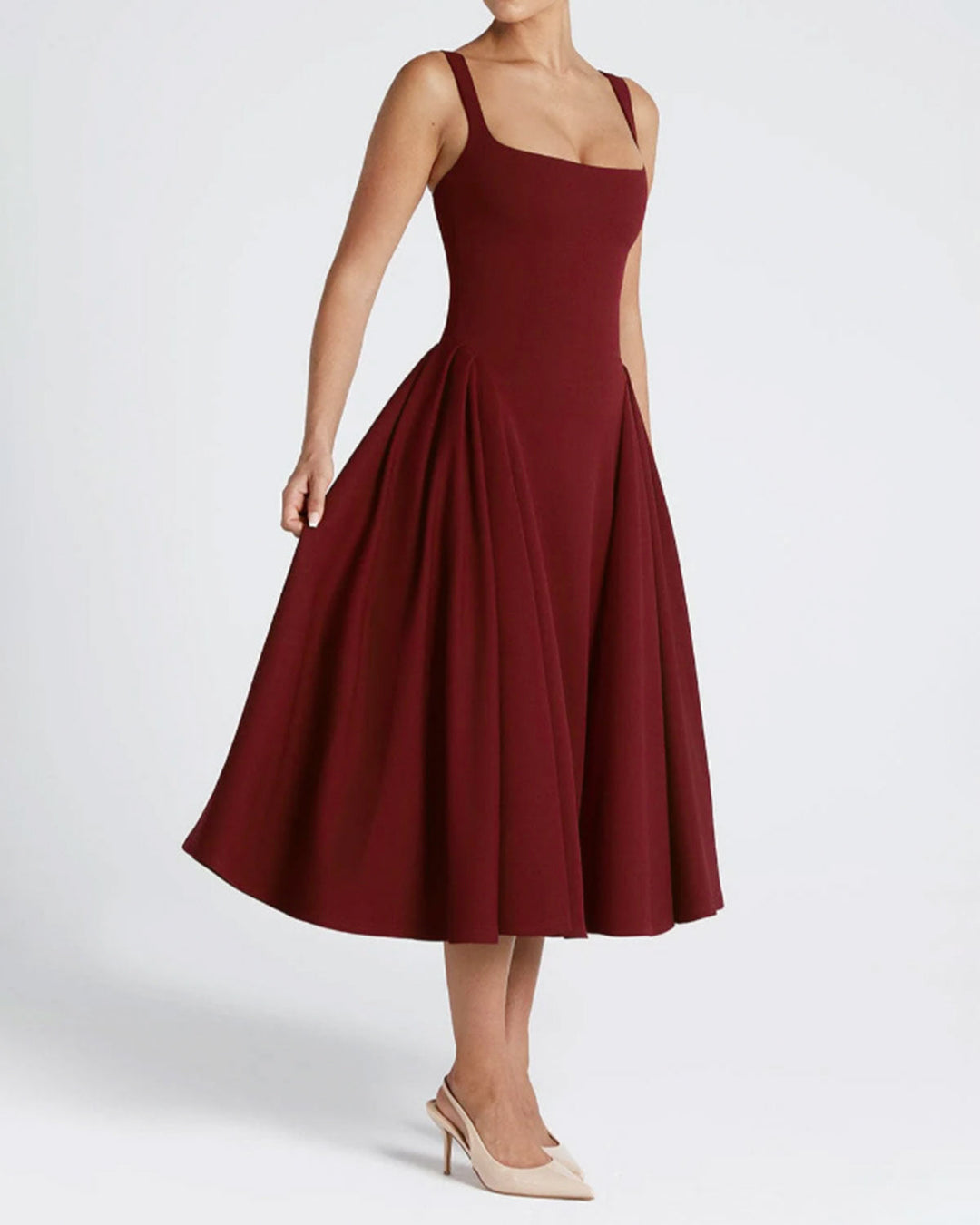 Red Square Neck A-Line Slip Midi Dress