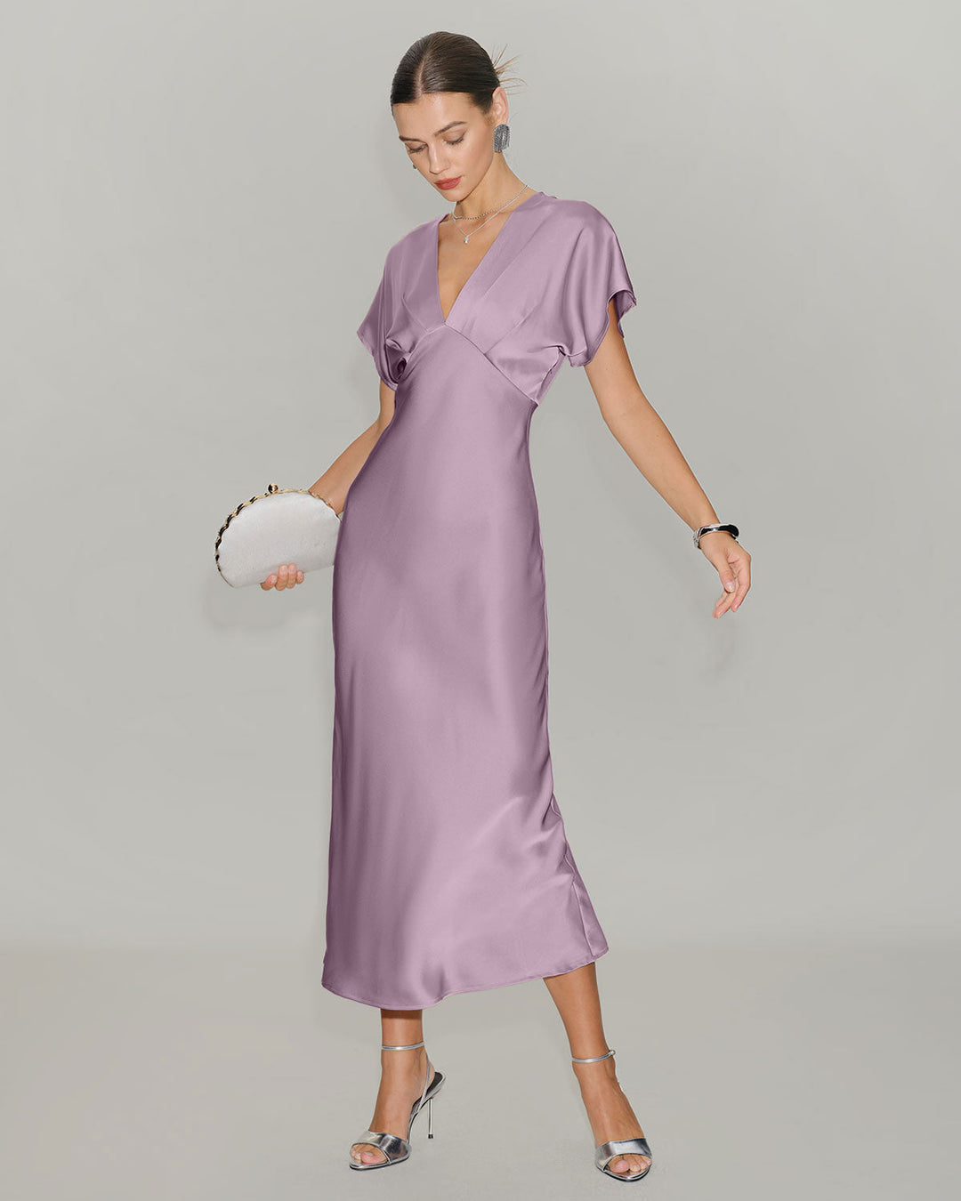 Pink Satin Cowl Sleeve Midi Dress
