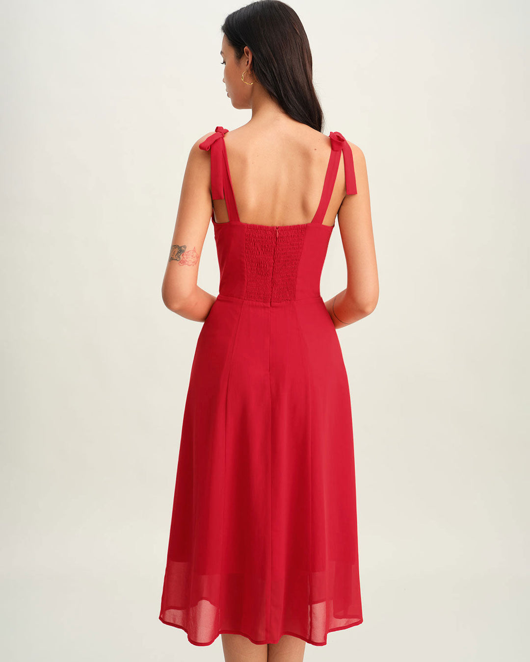 Red Sweetheart Neck Tie Strap Midi Dress