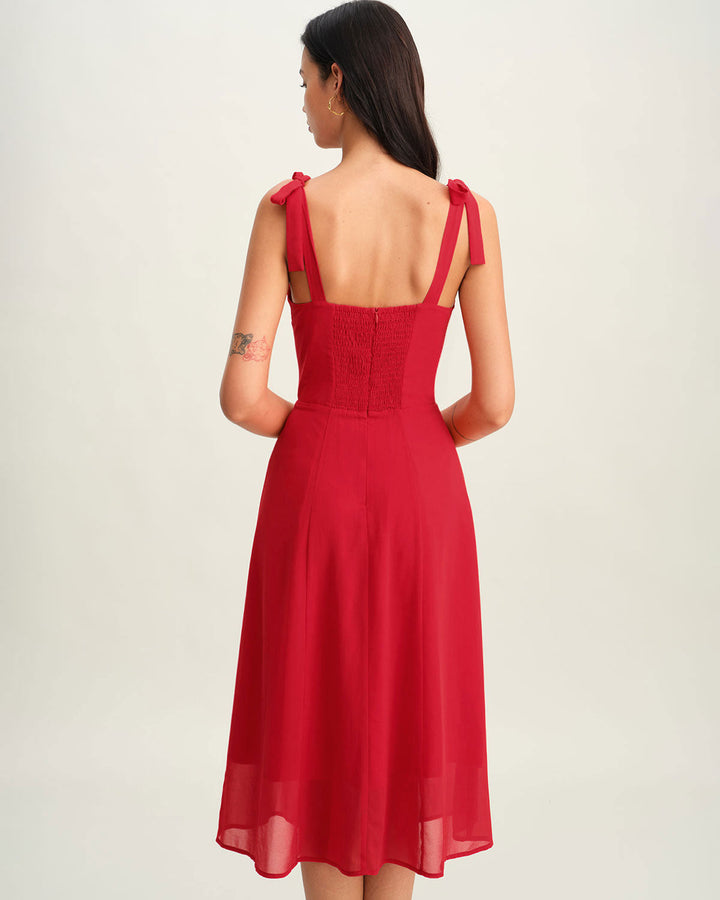 Red Sweetheart Neck Tie Strap Midi Dress