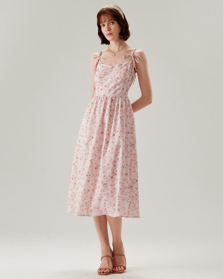 Pink Floral Shirred Slip Midi Dress
