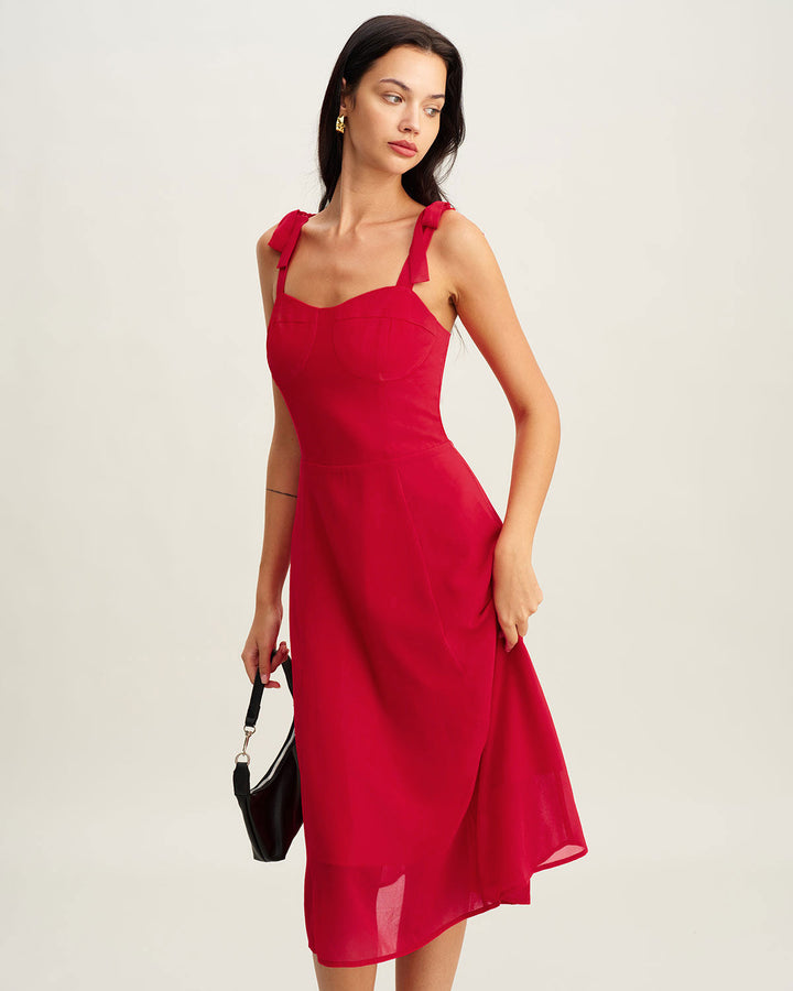 Red Sweetheart Neck Tie Strap Midi Dress