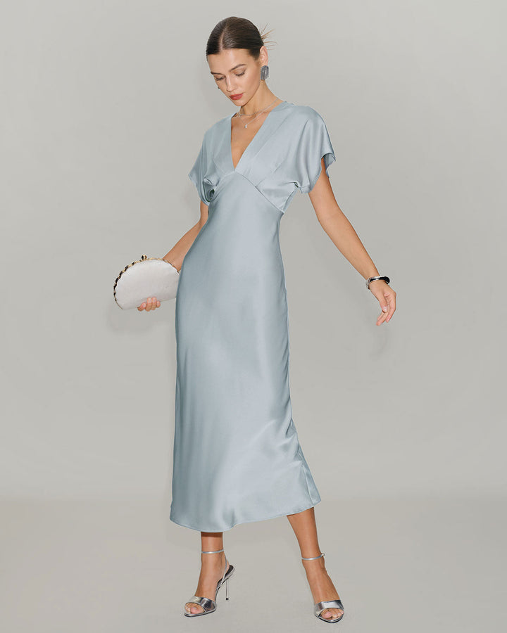Blue Satin Cowl Sleeve Midi Dress