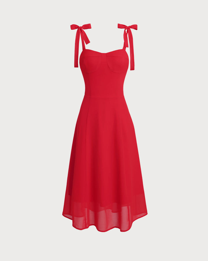 Red Sweetheart Neck Tie Strap Midi Dress