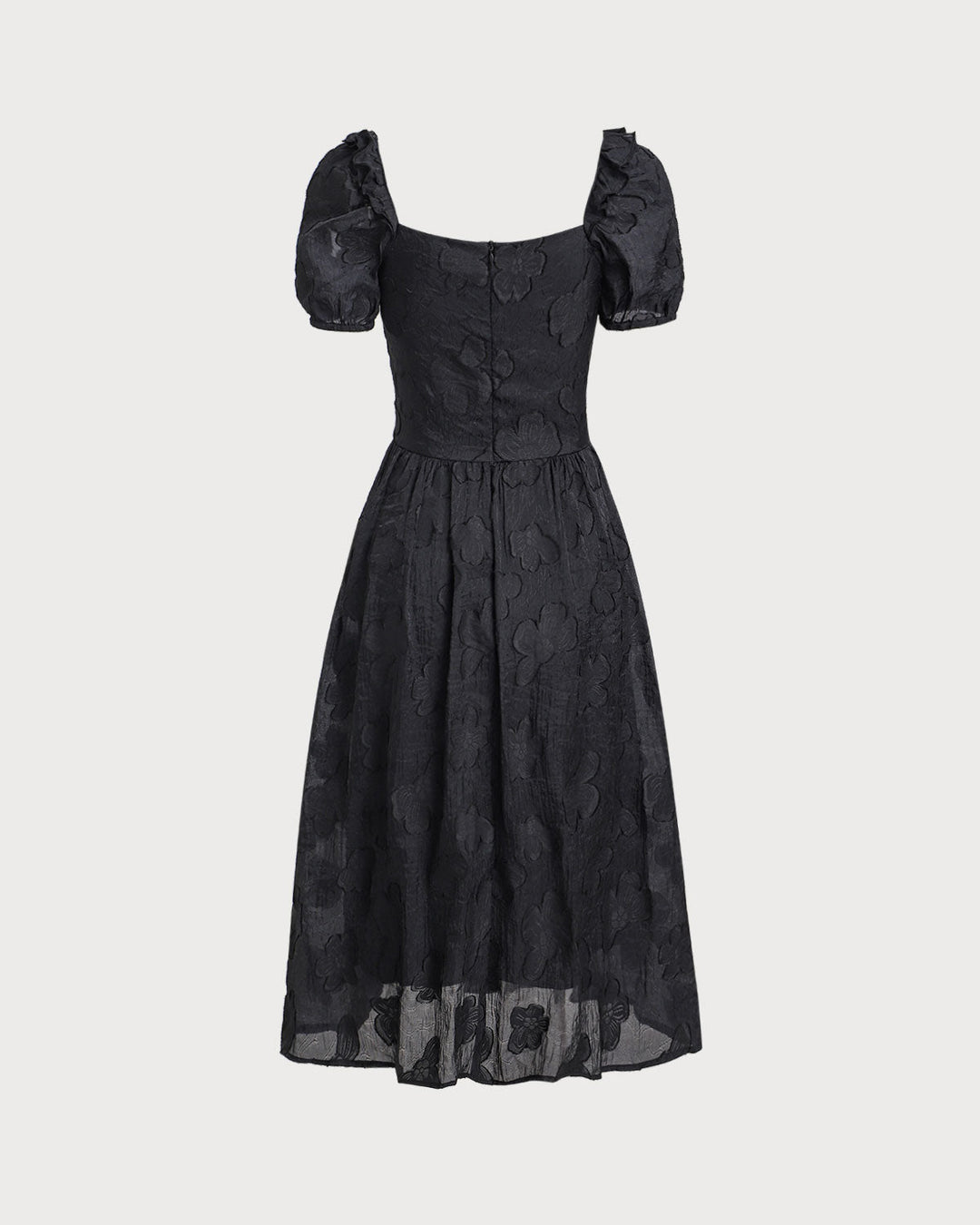 Black Square Neck Puffed Sleeve Midi Dress