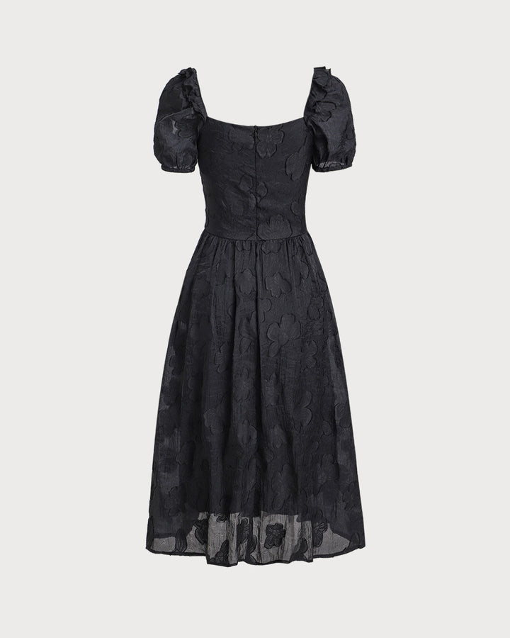 Black Square Neck Puffed Sleeve Midi Dress