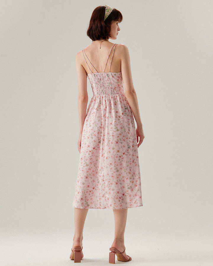 Pink Floral Shirred Slip Midi Dress
