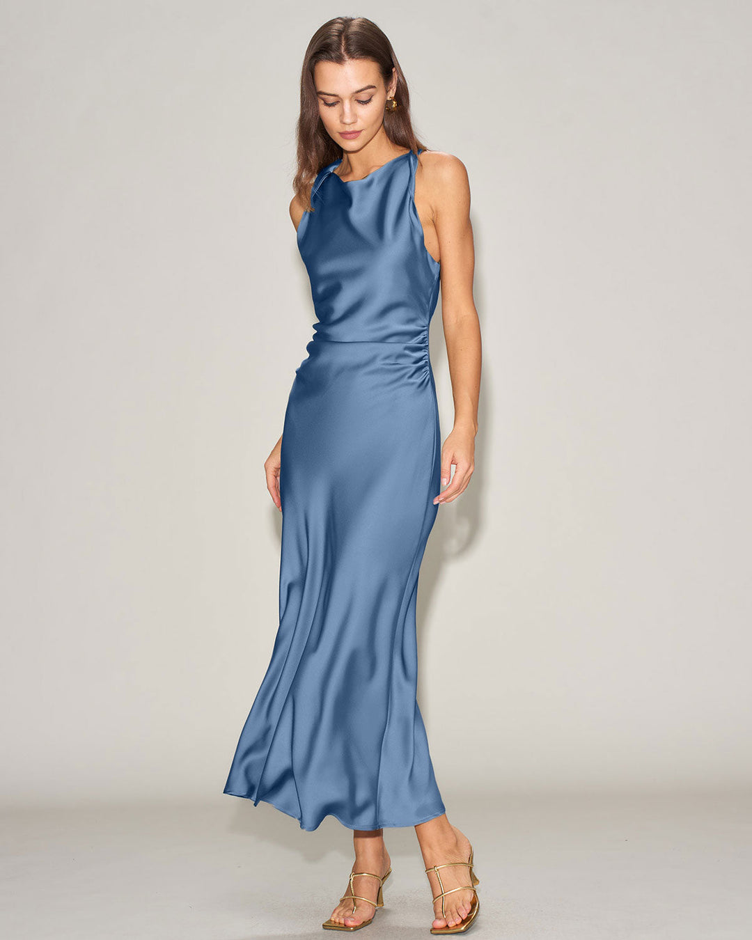 Blue Satin Boat Neck Slip Midi Dress