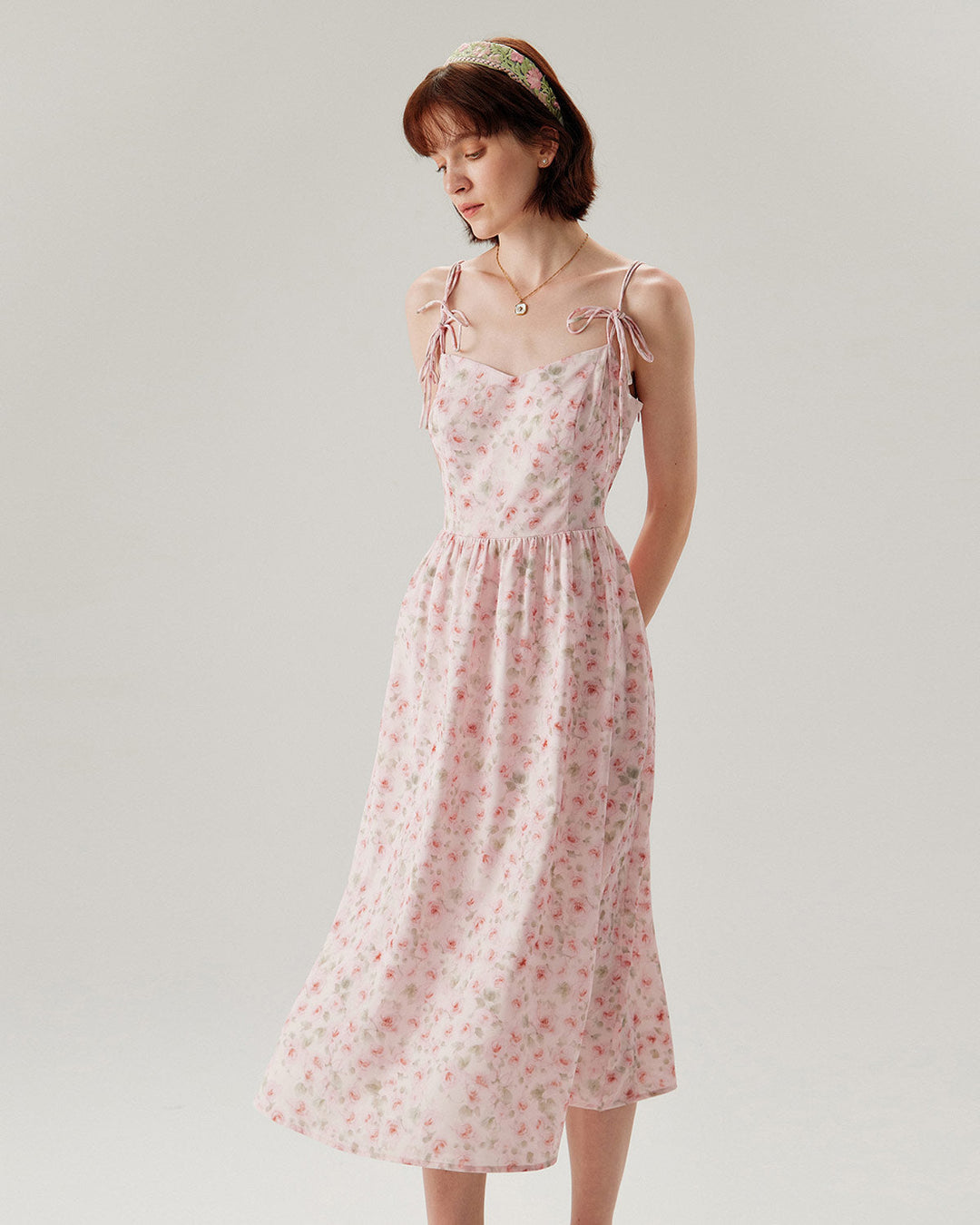 Pink Floral Shirred Slip Midi Dress