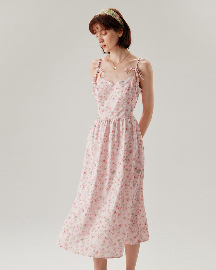 Pink Floral Shirred Slip Midi Dress