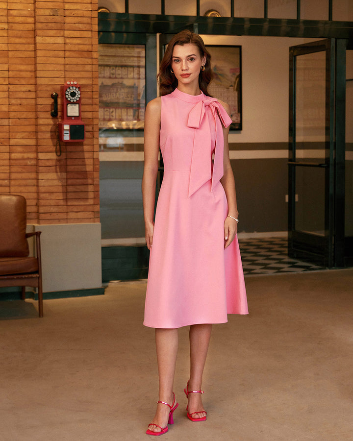 Pink Turtleneck Bowknot Satin Midi Dress
