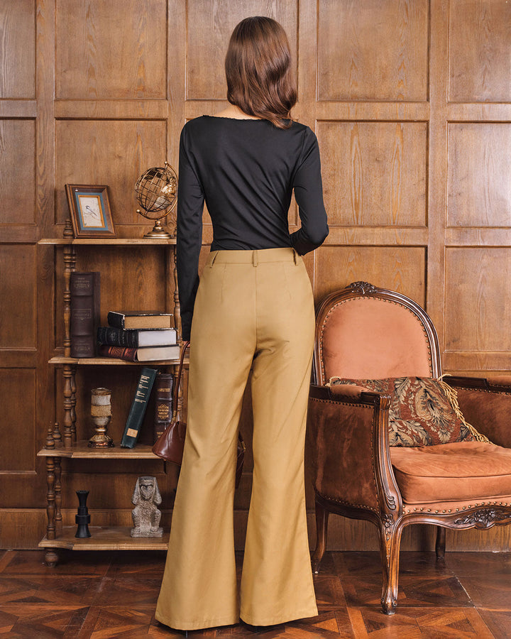 Khaki Natural Waisted Pocket Flared Pants