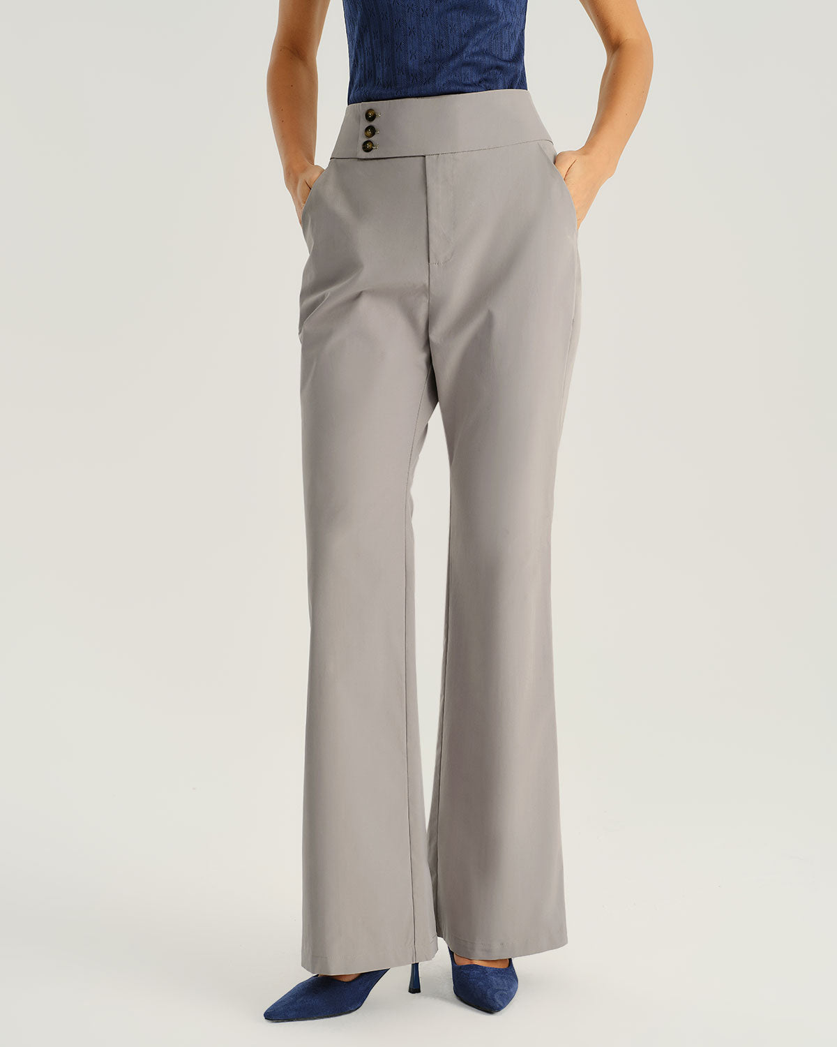 Grey High Waisted Pocket Flared Pants