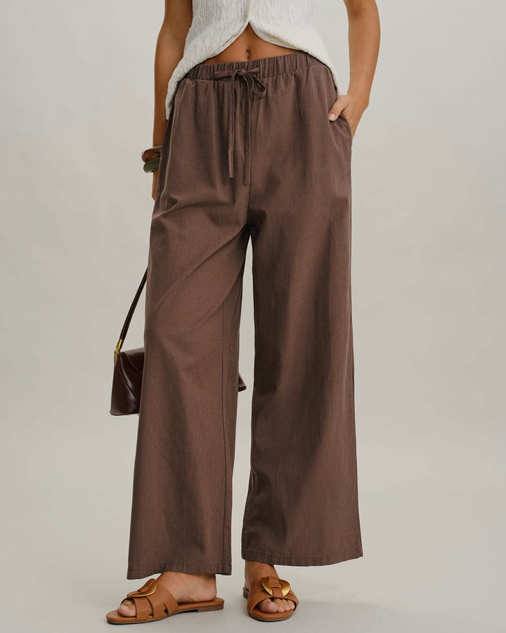 Coffee Elastic Waist Wide Leg Pants